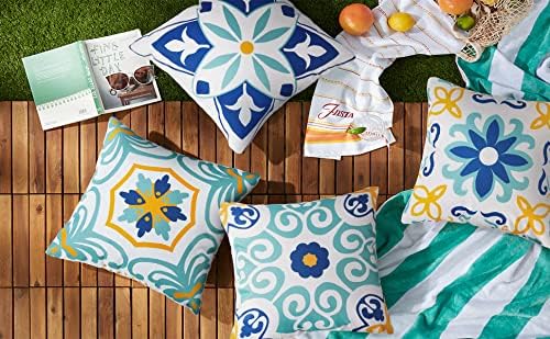 Pyonic Outdoor Waterproof Throw Pillow Covers Set of 4 Floral Printed and Boho Farmhouse Summer Outdoor Pillow Covers for Patio Funiture Garden 18x18 Inch Blue
