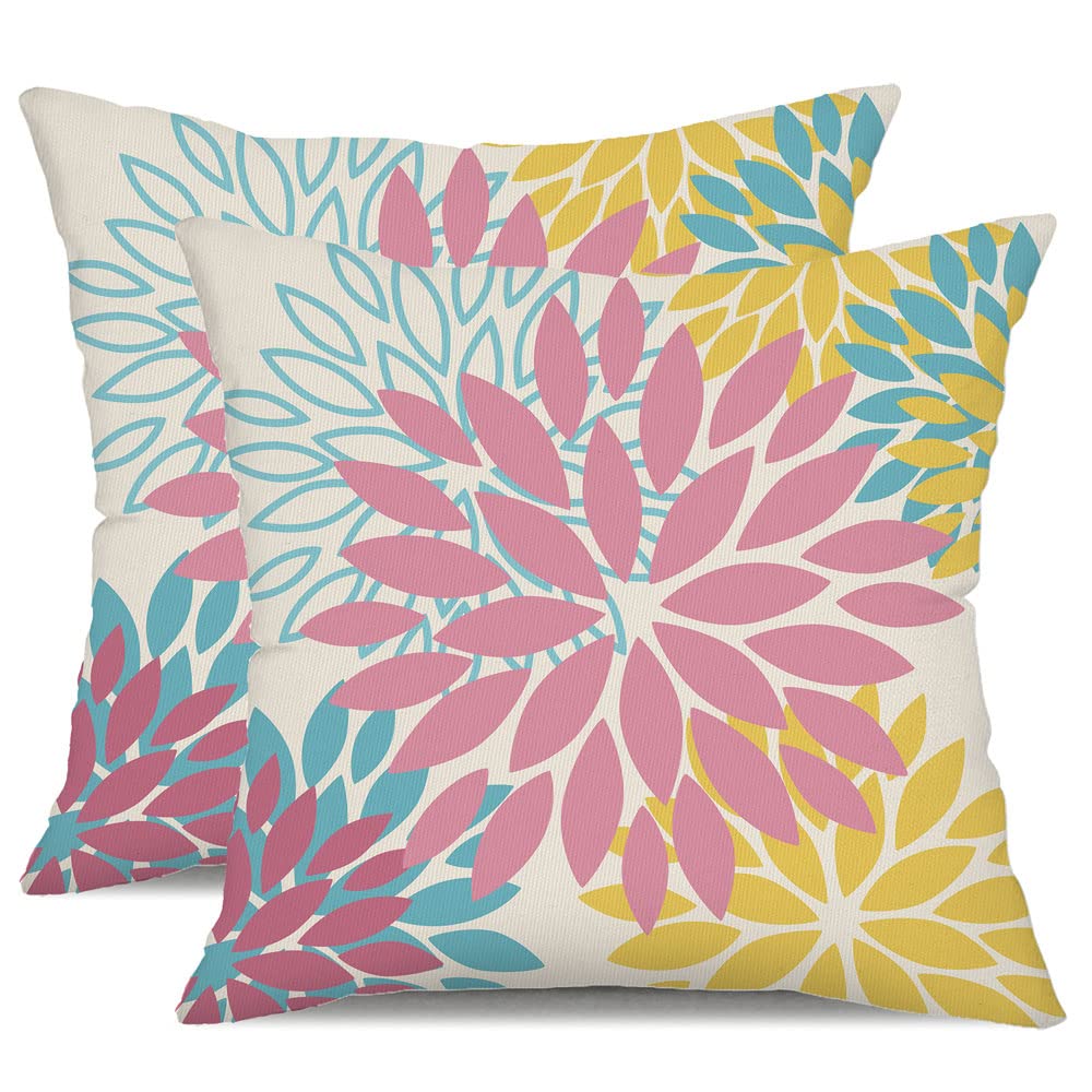 DFXSZ Yellow Blue Flower Pillow Covers 18x18 Inch Set of 2 White Gray Colored Throw Pillows Outdoor Waterproof Decor for Living Room Sofa Patio Funiture Garden Floral Polyester Pillow Covers 002J18