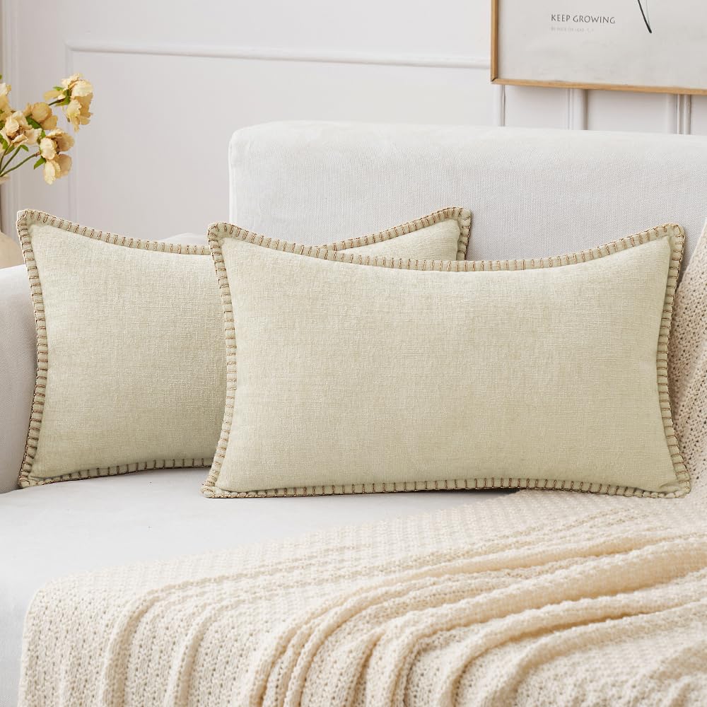 MIULEE Pack of 2 Couch Throw Pillow Covers 18x18 Inch Sage Green Farmhouse Decorative Pillow Covers with Stitched Edge Soft Chenille Solid Dyed Summer Pillow Covers for Sofa Bed Living Room