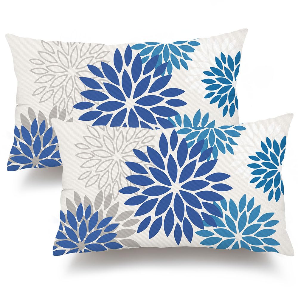 DFXSZ Yellow Blue Flower Pillow Covers 18x18 Inch Set of 2 White Gray Colored Throw Pillows Outdoor Waterproof Decor for Living Room Sofa Patio Funiture Garden Floral Polyester Pillow Covers 002J18