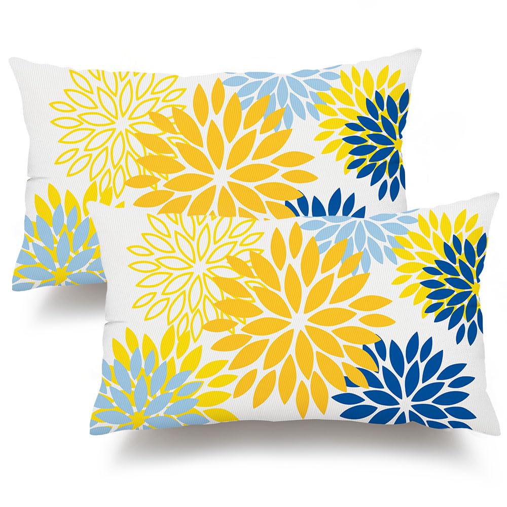 DFXSZ Yellow Blue Flower Pillow Covers 18x18 Inch Set of 2 White Gray Colored Throw Pillows Outdoor Waterproof Decor for Living Room Sofa Patio Funiture Garden Floral Polyester Pillow Covers 002J18