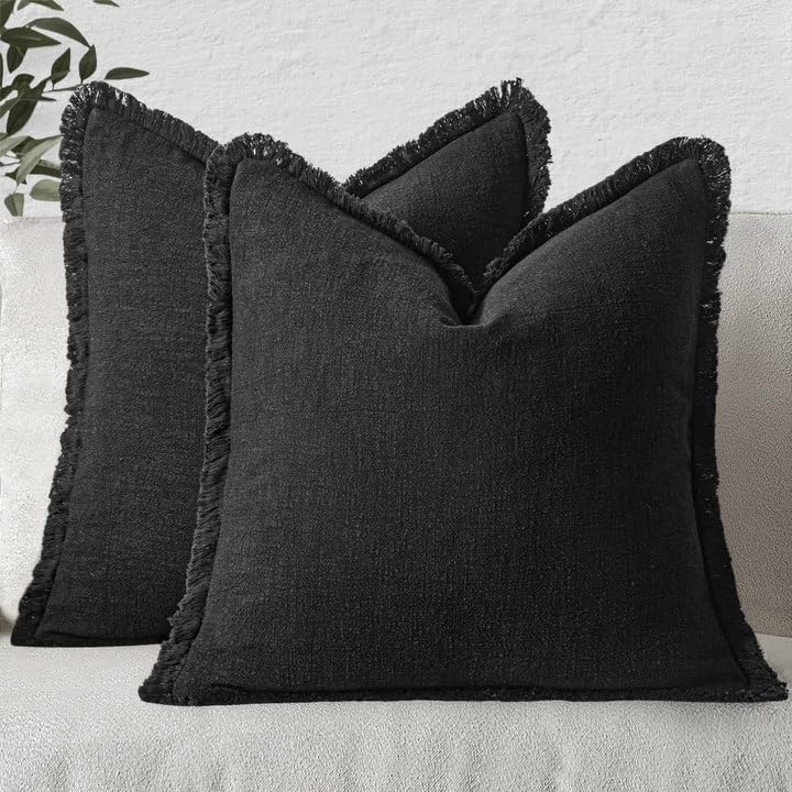MIULEE Decorative Throw Pillow Covers Neutral Linen Fringe Throw Pillows Set of 2 Olive Green Boho Farmhouse Cushion Covers with Tassels for Couch Sofa Bed Living Room Spring Home Decor 20x20 Inch