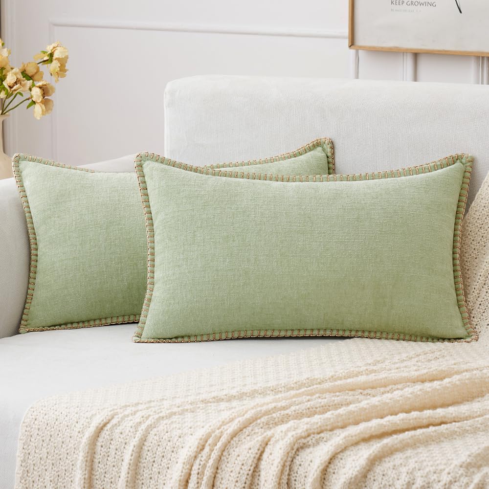 MIULEE Pack of 2 Couch Throw Pillow Covers 18x18 Inch Sage Green Farmhouse Decorative Pillow Covers with Stitched Edge Soft Chenille Solid Dyed Summer Pillow Covers for Sofa Bed Living Room
