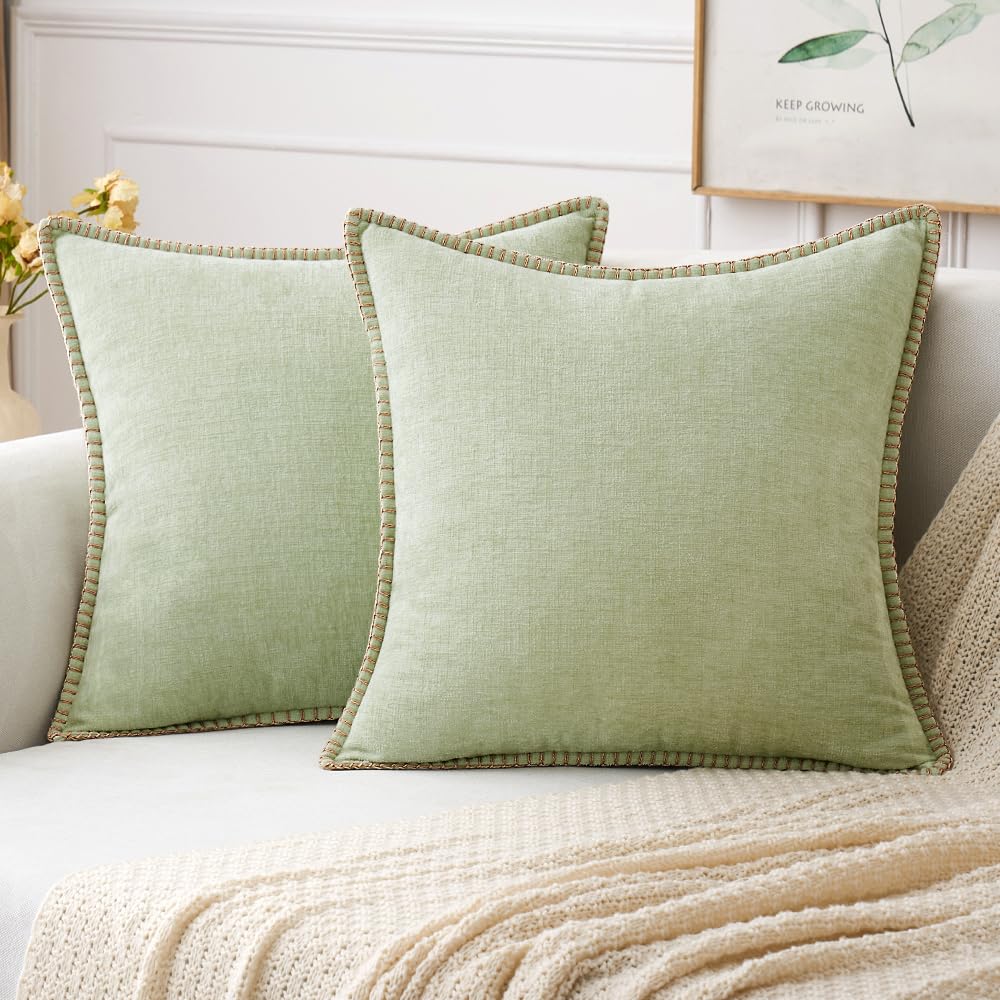 MIULEE Pack of 2 Couch Throw Pillow Covers 18x18 Inch Sage Green Farmhouse Decorative Pillow Covers with Stitched Edge Soft Chenille Solid Dyed Summer Pillow Covers for Sofa Bed Living Room