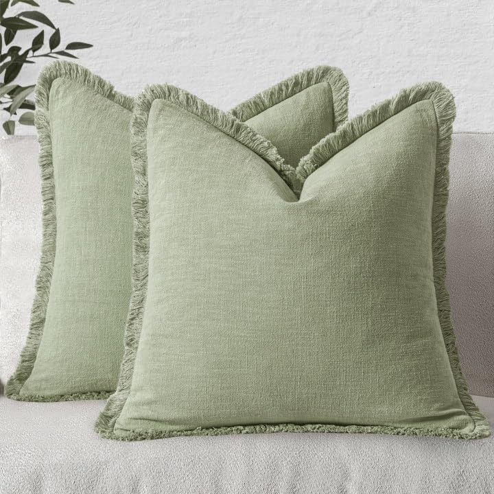 MIULEE Decorative Throw Pillow Covers Neutral Linen Fringe Throw Pillows Set of 2 Olive Green Boho Farmhouse Cushion Covers with Tassels for Couch Sofa Bed Living Room Spring Home Decor 20x20 Inch