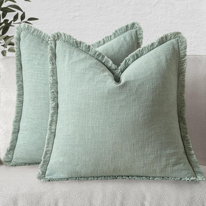 MIULEE Decorative Throw Pillow Covers Neutral Linen Fringe Throw Pillows Set of 2 Olive Green Boho Farmhouse Cushion Covers with Tassels for Couch Sofa Bed Living Room Spring Home Decor 20x20 Inch