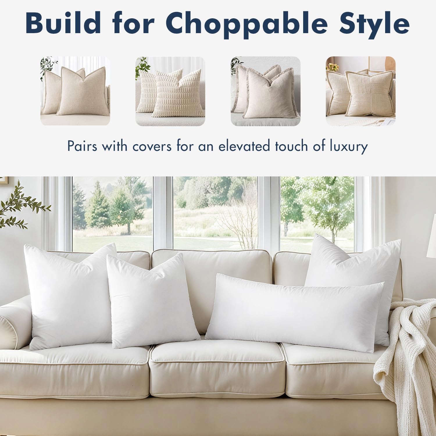 MIULEE 22x22 Pillow Inserts,Set of 2 Down Feather Throw Pillows for Couch Sofa Bed, Decorative Fluffy Throw Pillow Inserts Cotton Fabric,White