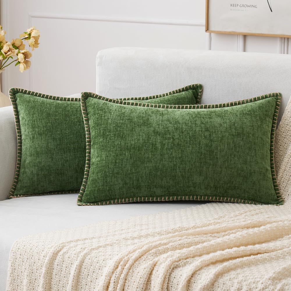 MIULEE Pack of 2 Couch Throw Pillow Covers 18x18 Inch Sage Green Farmhouse Decorative Pillow Covers with Stitched Edge Soft Chenille Solid Dyed Summer Pillow Covers for Sofa Bed Living Room