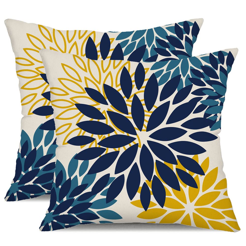 DFXSZ Yellow Blue Flower Pillow Covers 18x18 Inch Set of 2 White Gray Colored Throw Pillows Outdoor Waterproof Decor for Living Room Sofa Patio Funiture Garden Floral Polyester Pillow Covers 002J18