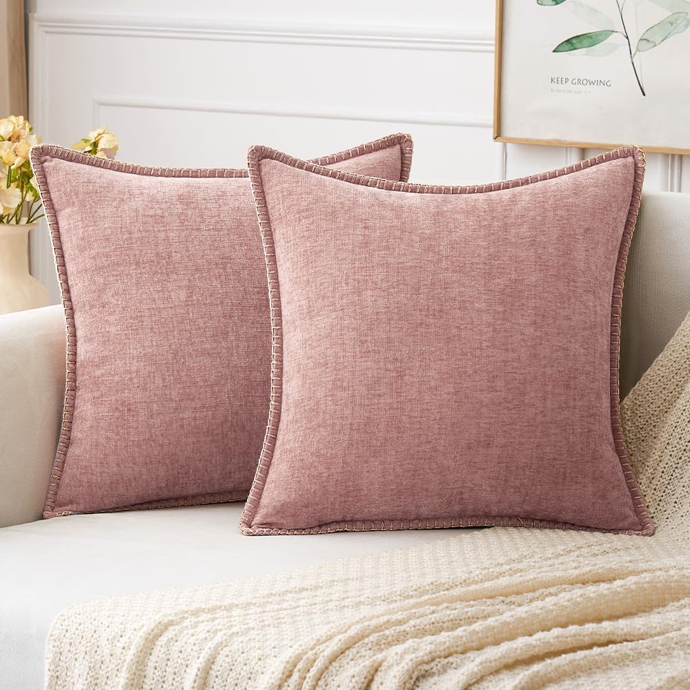 MIULEE Pack of 2 Couch Throw Pillow Covers 18x18 Inch Sage Green Farmhouse Decorative Pillow Covers with Stitched Edge Soft Chenille Solid Dyed Summer Pillow Covers for Sofa Bed Living Room