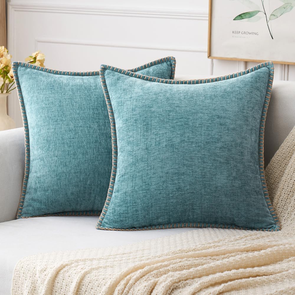 MIULEE Pack of 2 Couch Throw Pillow Covers 18x18 Inch Sage Green Farmhouse Decorative Pillow Covers with Stitched Edge Soft Chenille Solid Dyed Summer Pillow Covers for Sofa Bed Living Room