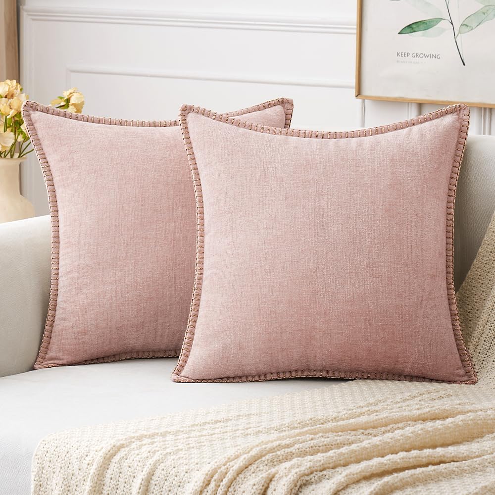 MIULEE Pack of 2 Couch Throw Pillow Covers 18x18 Inch Sage Green Farmhouse Decorative Pillow Covers with Stitched Edge Soft Chenille Solid Dyed Summer Pillow Covers for Sofa Bed Living Room