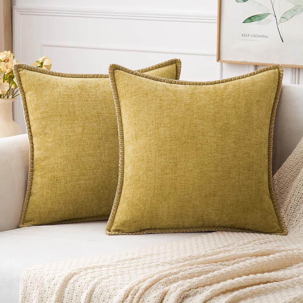 MIULEE Pack of 2 Couch Throw Pillow Covers 18x18 Inch Sage Green Farmhouse Decorative Pillow Covers with Stitched Edge Soft Chenille Solid Dyed Summer Pillow Covers for Sofa Bed Living Room