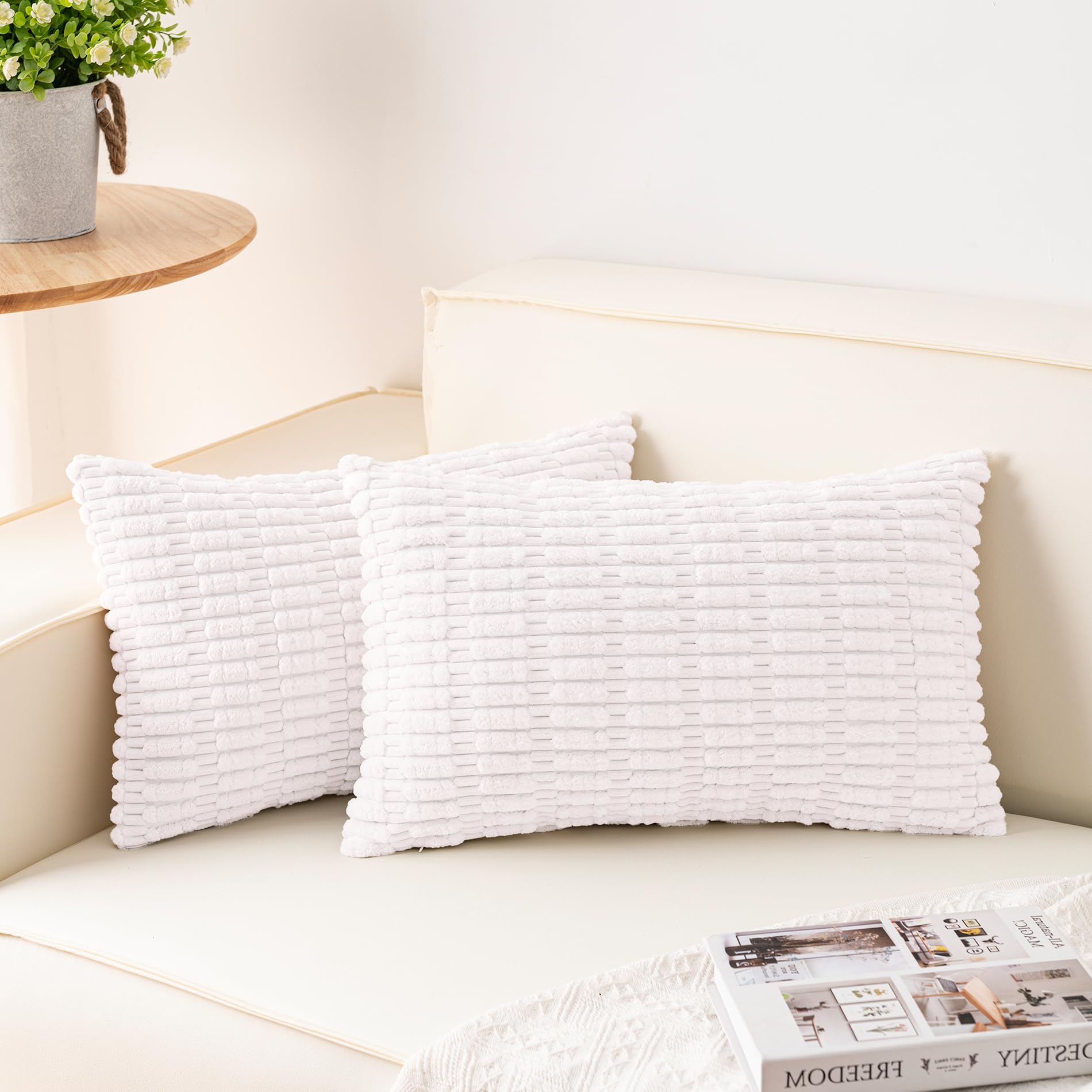 Aegero Pack of 2 Corduroy Decorative Throw Pillow Covers 18x18 Inch Soft Striped Pillow Covers Modern Farmhouse Home Decor for Sofa Living Room Couch Bed(Cream White)