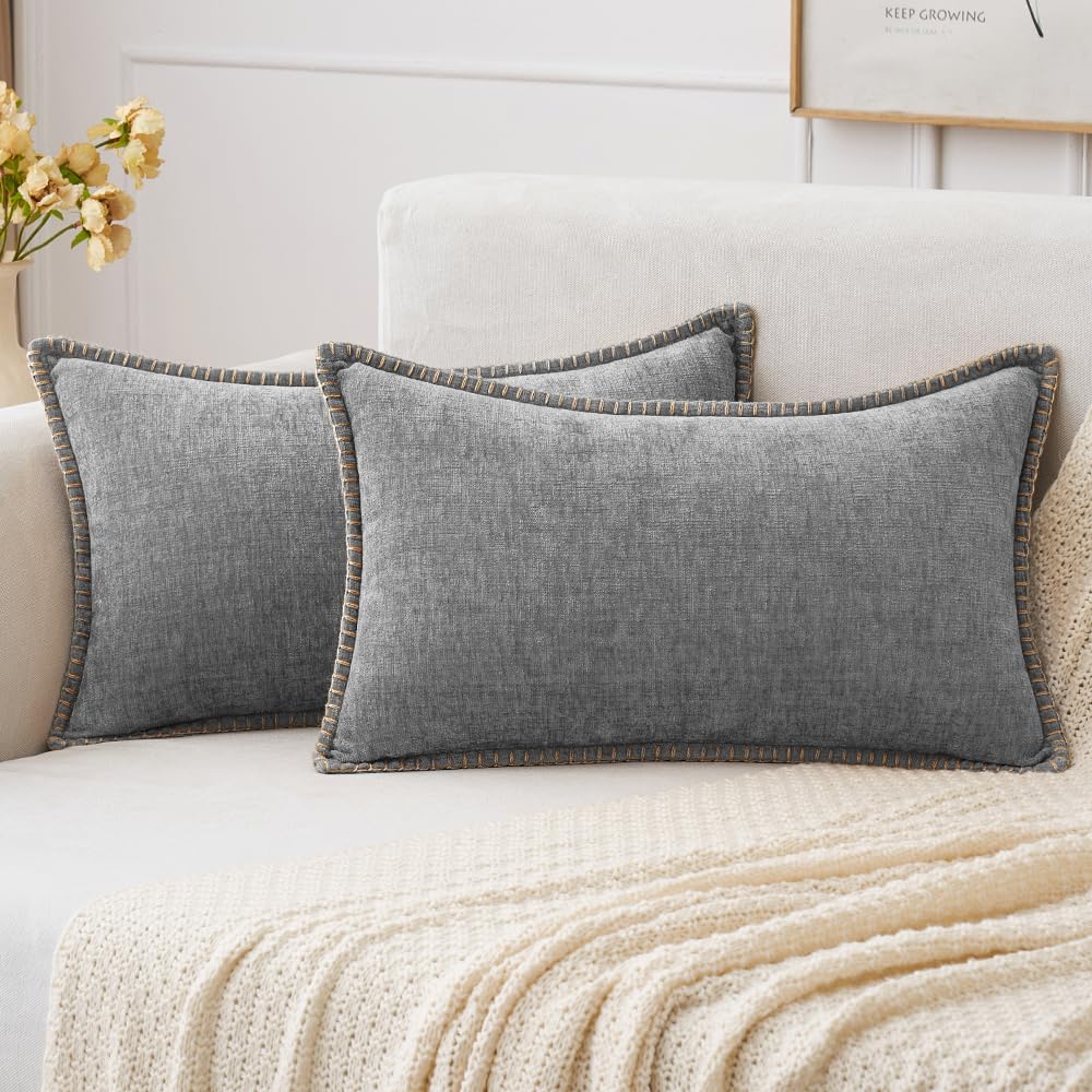 MIULEE Pack of 2 Couch Throw Pillow Covers 18x18 Inch Sage Green Farmhouse Decorative Pillow Covers with Stitched Edge Soft Chenille Solid Dyed Summer Pillow Covers for Sofa Bed Living Room