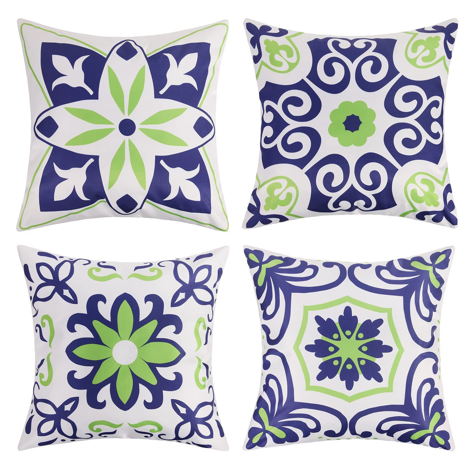 Pyonic Outdoor Waterproof Throw Pillow Covers Set of 4 Floral Printed and Boho Farmhouse Summer Outdoor Pillow Covers for Patio Funiture Garden 18x18 Inch Blue