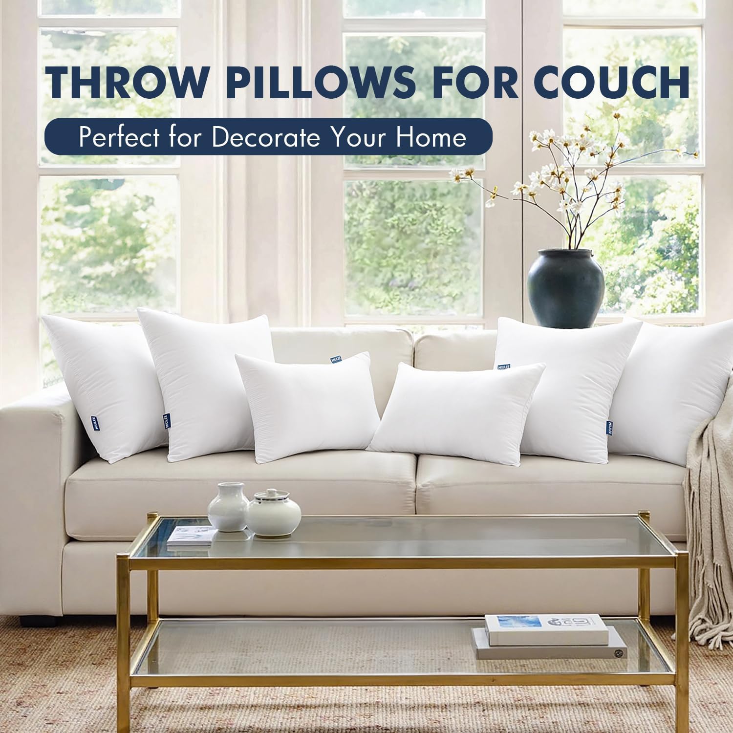 MIULEE Throw Pillows Inserts, Pack of 2 18x18 Inch 100% Virgin Fiber Filling Bed Couch Pillows