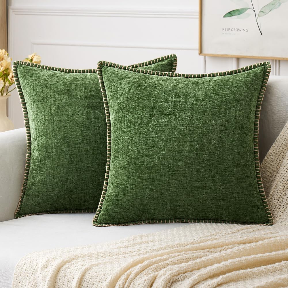 MIULEE Pack of 2 Couch Throw Pillow Covers 18x18 Inch Sage Green Farmhouse Decorative Pillow Covers with Stitched Edge Soft Chenille Solid Dyed Summer Pillow Covers for Sofa Bed Living Room