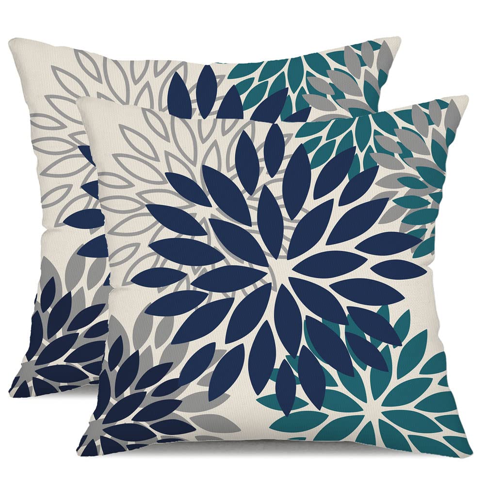 DFXSZ Yellow Blue Flower Pillow Covers 18x18 Inch Set of 2 White Gray Colored Throw Pillows Outdoor Waterproof Decor for Living Room Sofa Patio Funiture Garden Floral Polyester Pillow Covers 002J18