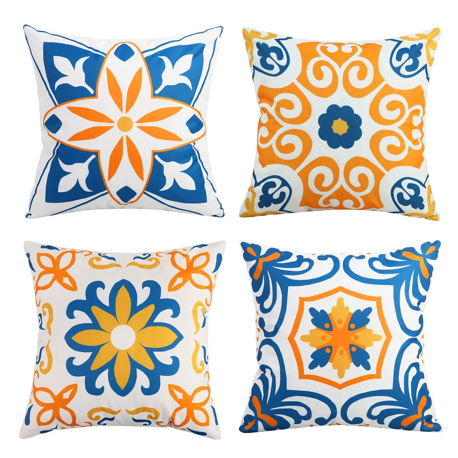 Pyonic Outdoor Waterproof Throw Pillow Covers Set of 4 Floral Printed and Boho Farmhouse Summer Outdoor Pillow Covers for Patio Funiture Garden 18x18 Inch Blue