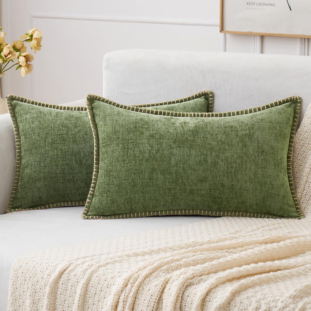 MIULEE Pack of 2 Couch Throw Pillow Covers 18x18 Inch Sage Green Farmhouse Decorative Pillow Covers with Stitched Edge Soft Chenille Solid Dyed Summer Pillow Covers for Sofa Bed Living Room