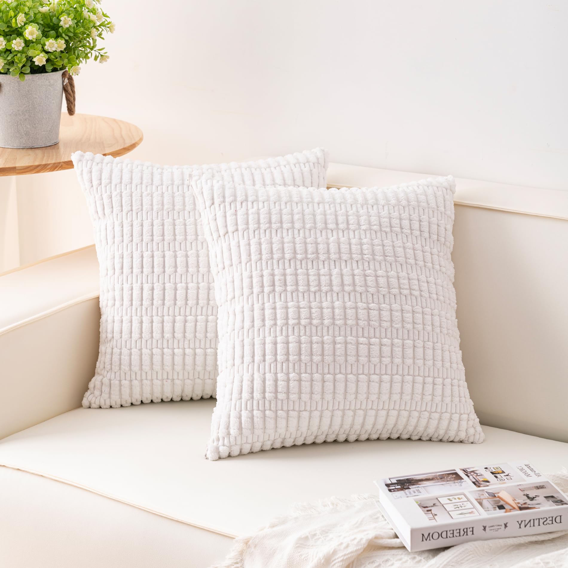 Aegero Pack of 2 Corduroy Decorative Throw Pillow Covers 18x18 Inch Soft Striped Pillow Covers Modern Farmhouse Home Decor for Sofa Living Room Couch Bed(Cream White)