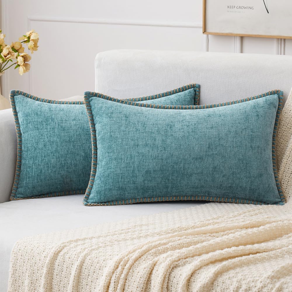 MIULEE Pack of 2 Couch Throw Pillow Covers 18x18 Inch Sage Green Farmhouse Decorative Pillow Covers with Stitched Edge Soft Chenille Solid Dyed Summer Pillow Covers for Sofa Bed Living Room