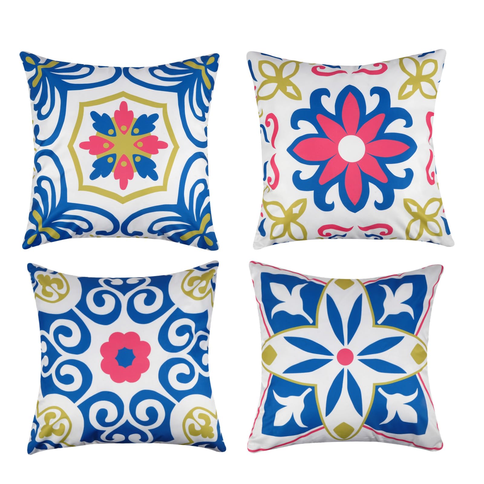 Pyonic Outdoor Waterproof Throw Pillow Covers Set of 4 Floral Printed and Boho Farmhouse Summer Outdoor Pillow Covers for Patio Funiture Garden 18x18 Inch Blue