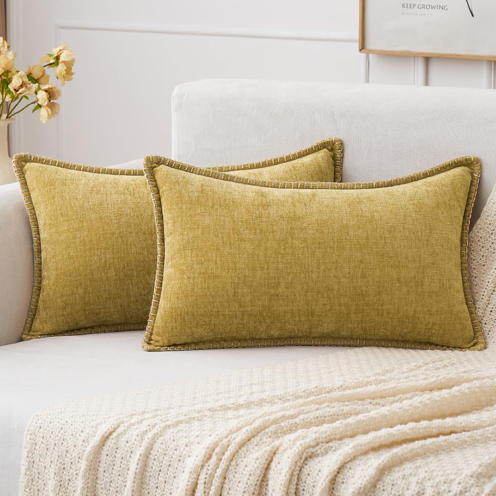 MIULEE Pack of 2 Couch Throw Pillow Covers 18x18 Inch Sage Green Farmhouse Decorative Pillow Covers with Stitched Edge Soft Chenille Solid Dyed Summer Pillow Covers for Sofa Bed Living Room