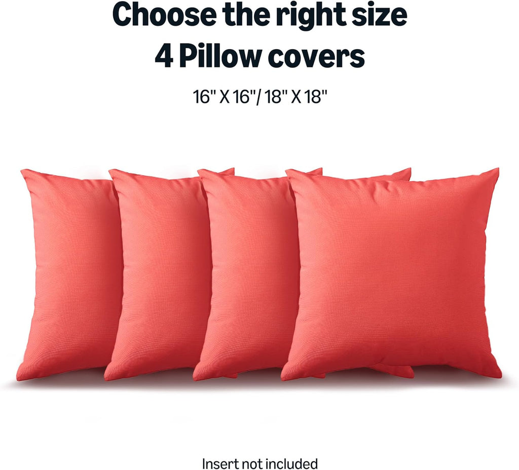Amazon Basics 4-Piece Outdoor Decorative Throw Pillow Covers, Water Resistant All-Weather Pillow Protectors for The Garden, Patio, Balcony, Couch and Sofa, 18 x 18 Inches, Red