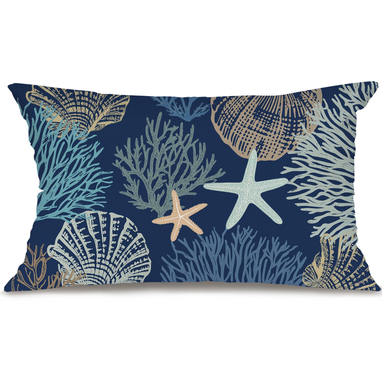 GEEORY Summer Pillow Cover 12x20 Inch - Starfish Seaweed Seashell Coastal Decor in Soft Blue, Nautical Beach Throw Pillow Case for Sofa, Couch, Living Room, Bedroom