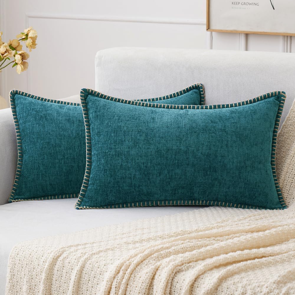 MIULEE Pack of 2 Couch Throw Pillow Covers 18x18 Inch Sage Green Farmhouse Decorative Pillow Covers with Stitched Edge Soft Chenille Solid Dyed Summer Pillow Covers for Sofa Bed Living Room