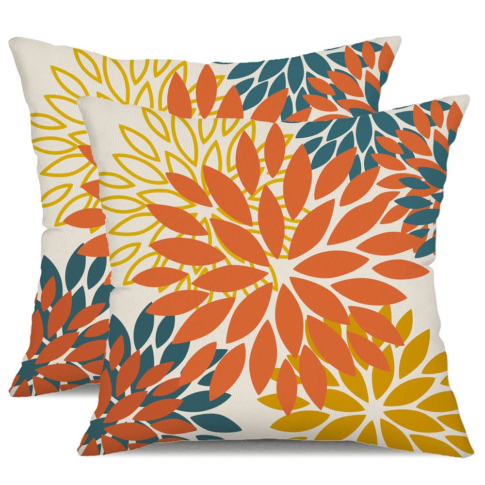 DFXSZ Yellow Blue Flower Pillow Covers 18x18 Inch Set of 2 White Gray Colored Throw Pillows Outdoor Waterproof Decor for Living Room Sofa Patio Funiture Garden Floral Polyester Pillow Covers 002J18
