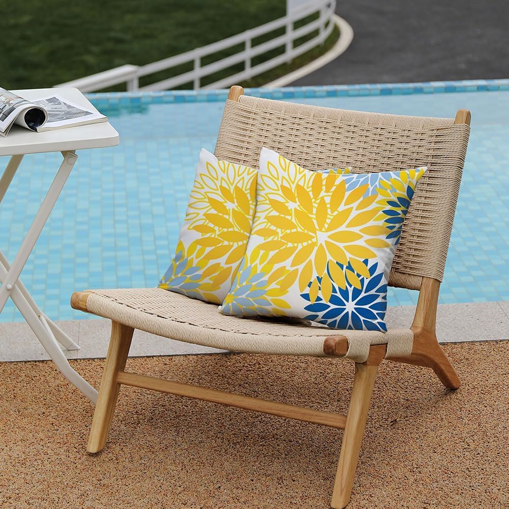 DFXSZ Yellow Blue Flower Pillow Covers 18x18 Inch Set of 2 White Gray Colored Throw Pillows Outdoor Waterproof Decor for Living Room Sofa Patio Funiture Garden Floral Polyester Pillow Covers 002J18