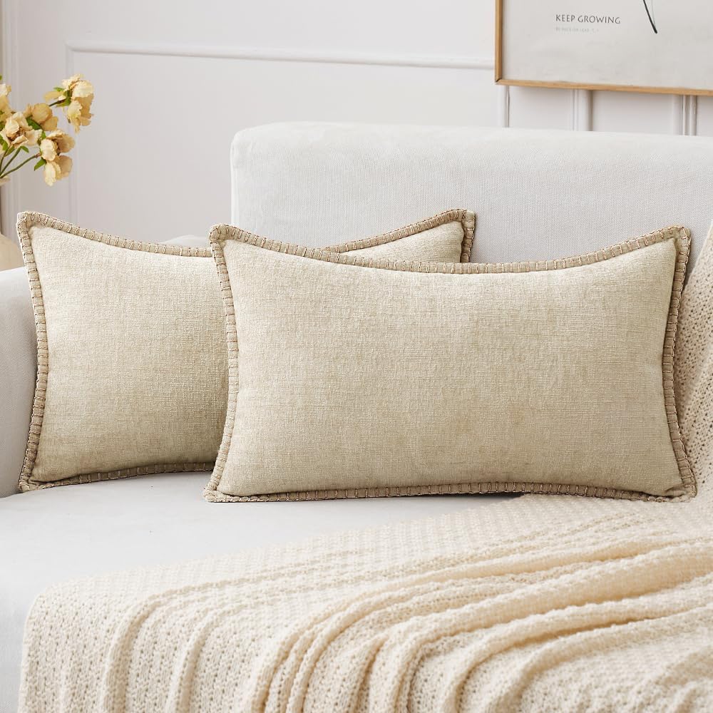 MIULEE Pack of 2 Couch Throw Pillow Covers 18x18 Inch Sage Green Farmhouse Decorative Pillow Covers with Stitched Edge Soft Chenille Solid Dyed Summer Pillow Covers for Sofa Bed Living Room