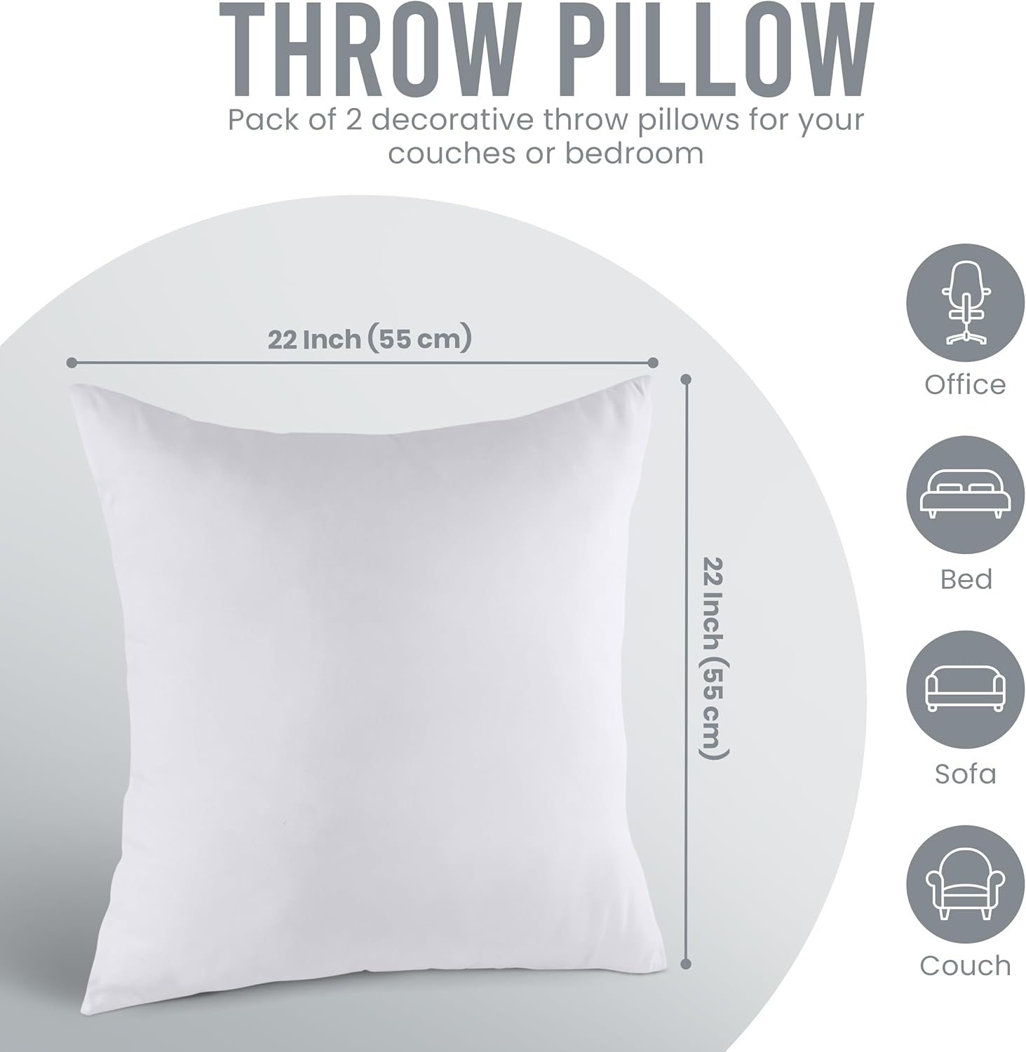 Utopia Bedding 22x22 Pillow Inserts, Set of 2, White – Indoor Decorative Throw Pillows for Bed, Sofa & Couch – Soft, Supportive & Fluffy Cushion Inserts