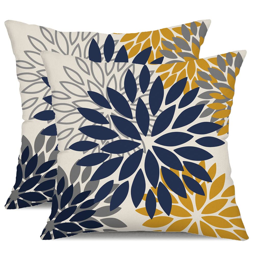 DFXSZ Yellow Blue Flower Pillow Covers 18x18 Inch Set of 2 White Gray Colored Throw Pillows Outdoor Waterproof Decor for Living Room Sofa Patio Funiture Garden Floral Polyester Pillow Covers 002J18