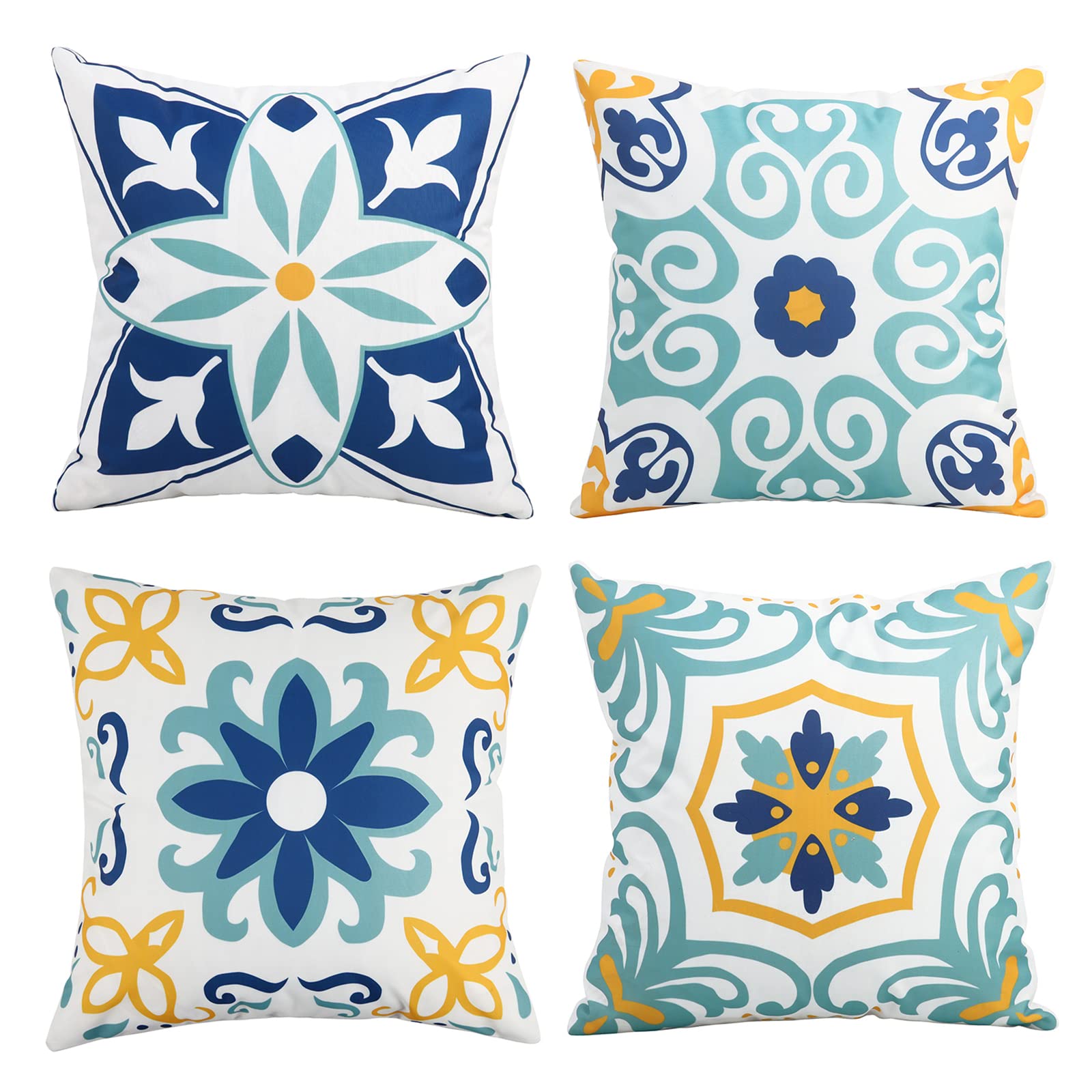 Pyonic Outdoor Waterproof Throw Pillow Covers Set of 4 Floral Printed and Boho Farmhouse Summer Outdoor Pillow Covers for Patio Funiture Garden 18x18 Inch Blue