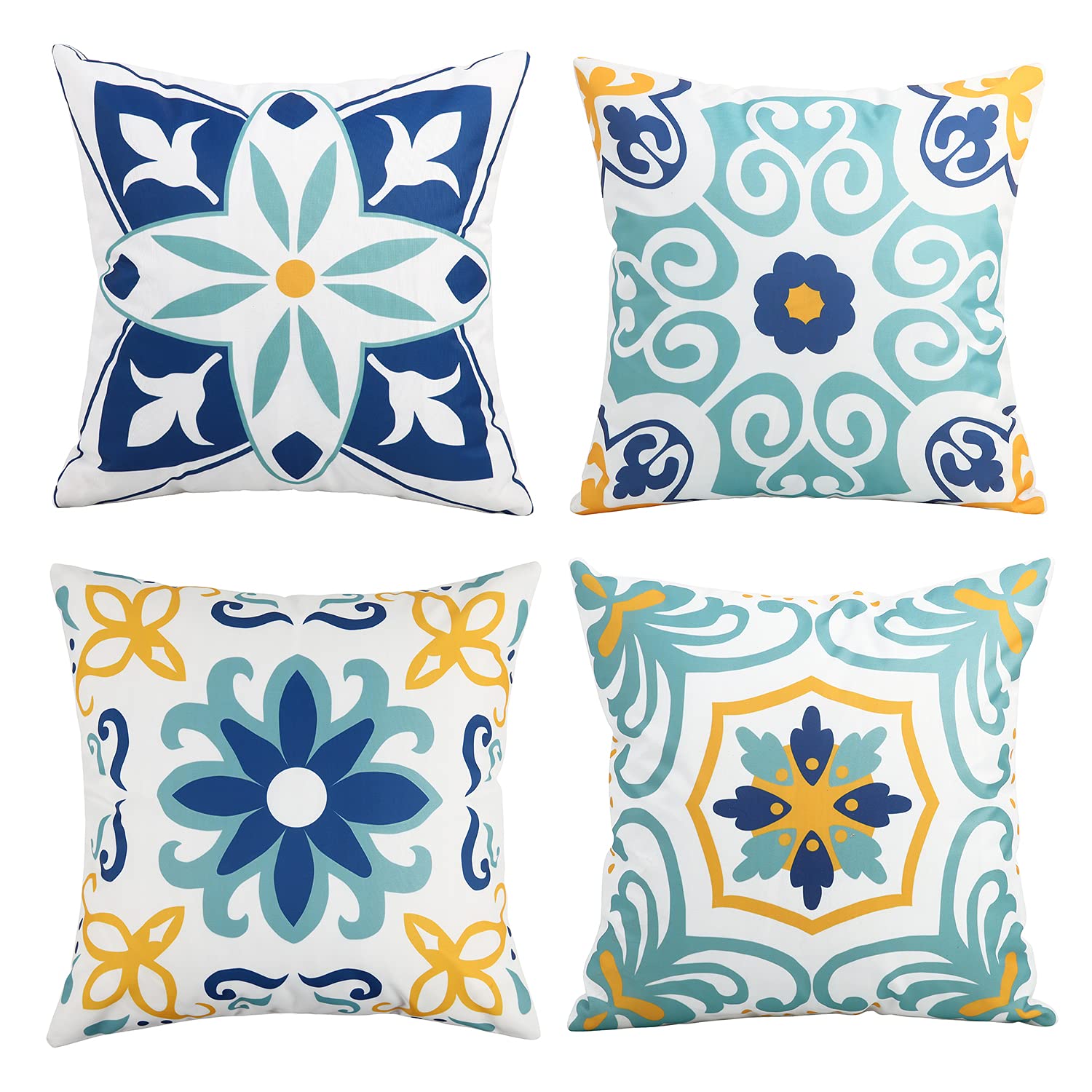 Pyonic Outdoor Waterproof Throw Pillow Covers Set of 4 Floral Printed and Boho Farmhouse Summer Outdoor Pillow Covers for Patio Funiture Garden 18x18 Inch Blue