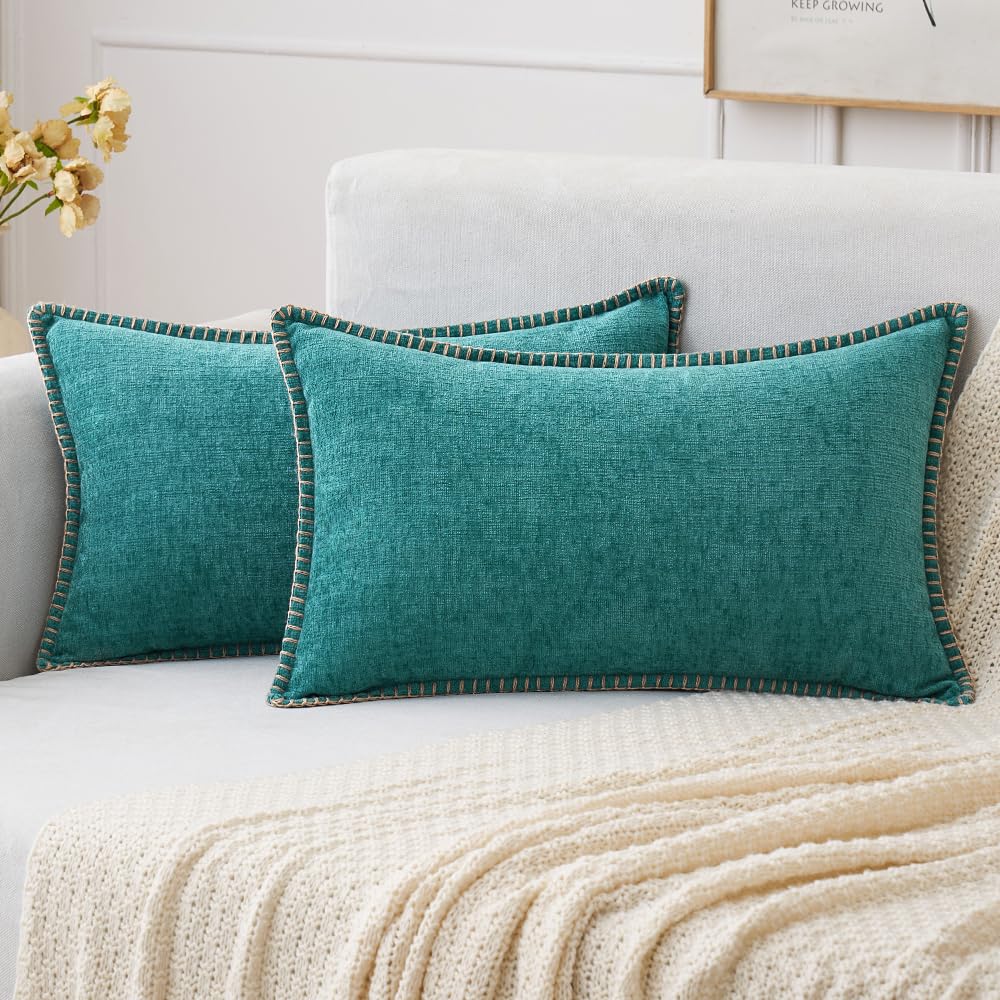 MIULEE Pack of 2 Couch Throw Pillow Covers 18x18 Inch Sage Green Farmhouse Decorative Pillow Covers with Stitched Edge Soft Chenille Solid Dyed Summer Pillow Covers for Sofa Bed Living Room