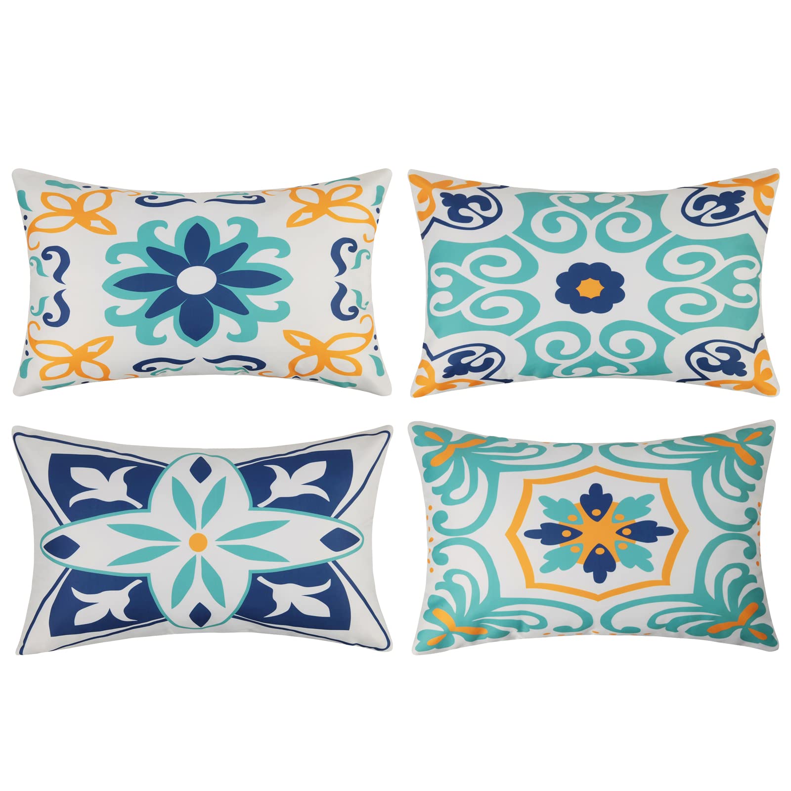 Pyonic Outdoor Waterproof Throw Pillow Covers Set of 4 Floral Printed and Boho Farmhouse Summer Outdoor Pillow Covers for Patio Funiture Garden 18x18 Inch Blue
