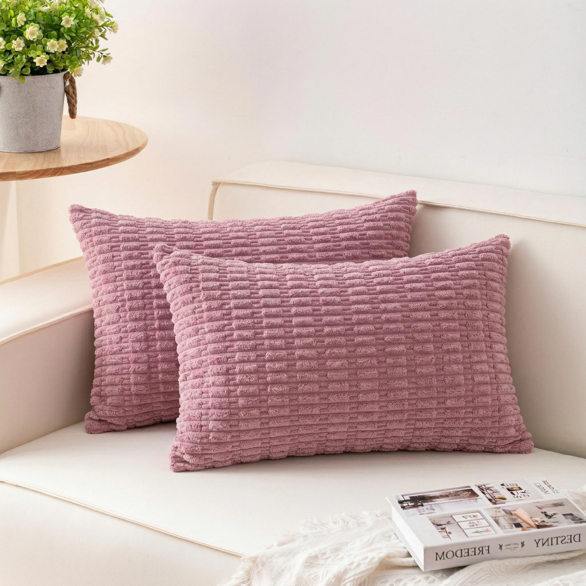 Aegero Pack of 2 Corduroy Decorative Throw Pillow Covers 18x18 Inch Soft Striped Pillow Covers Modern Farmhouse Home Decor for Sofa Living Room Couch Bed(Cream White)