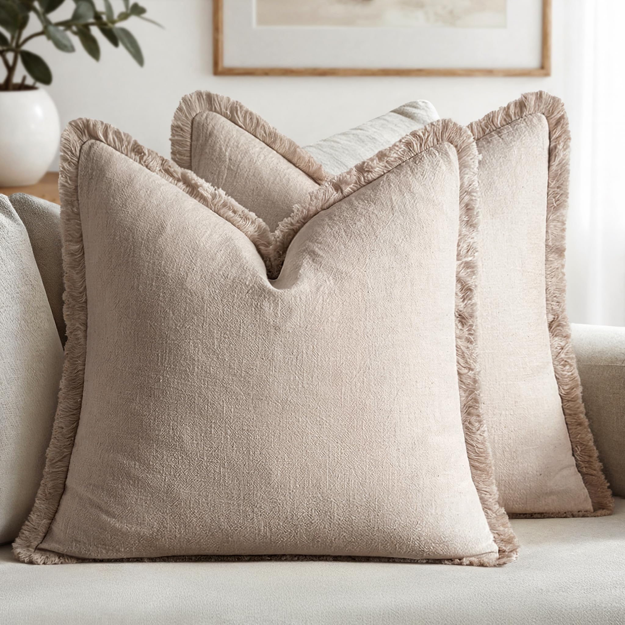 MIULEE Decorative Throw Pillow Covers Neutral Linen Fringe Throw Pillows Set of 2 Olive Green Boho Farmhouse Cushion Covers with Tassels for Couch Sofa Bed Living Room Spring Home Decor 20x20 Inch