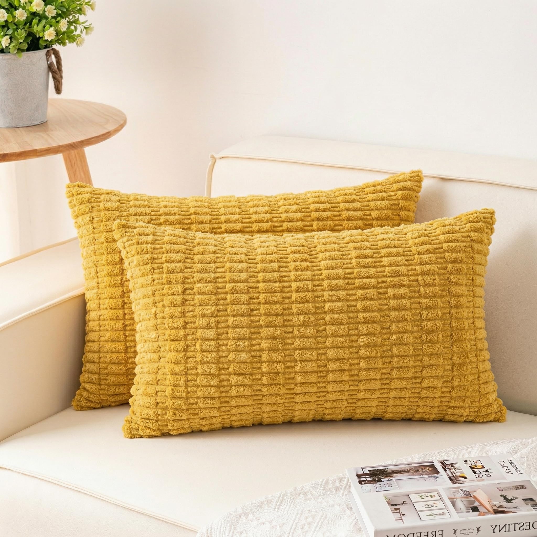 Aegero Pack of 2 Corduroy Decorative Throw Pillow Covers 18x18 Inch Soft Striped Pillow Covers Modern Farmhouse Home Decor for Sofa Living Room Couch Bed(Cream White)