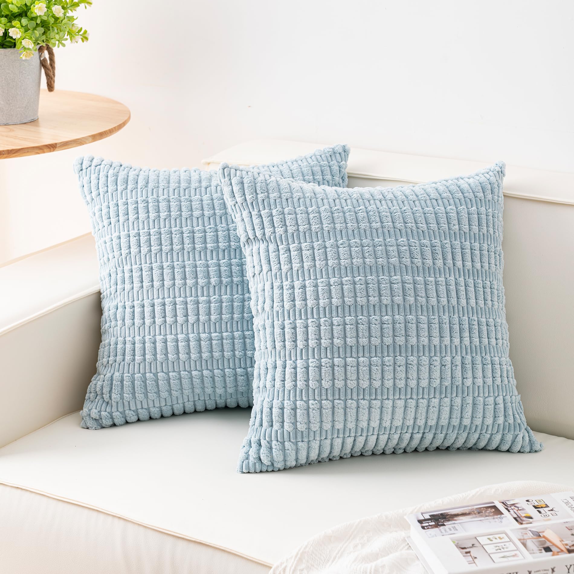 Aegero Pack of 2 Corduroy Decorative Throw Pillow Covers 18x18 Inch Soft Striped Pillow Covers Modern Farmhouse Home Decor for Sofa Living Room Couch Bed(Cream White)