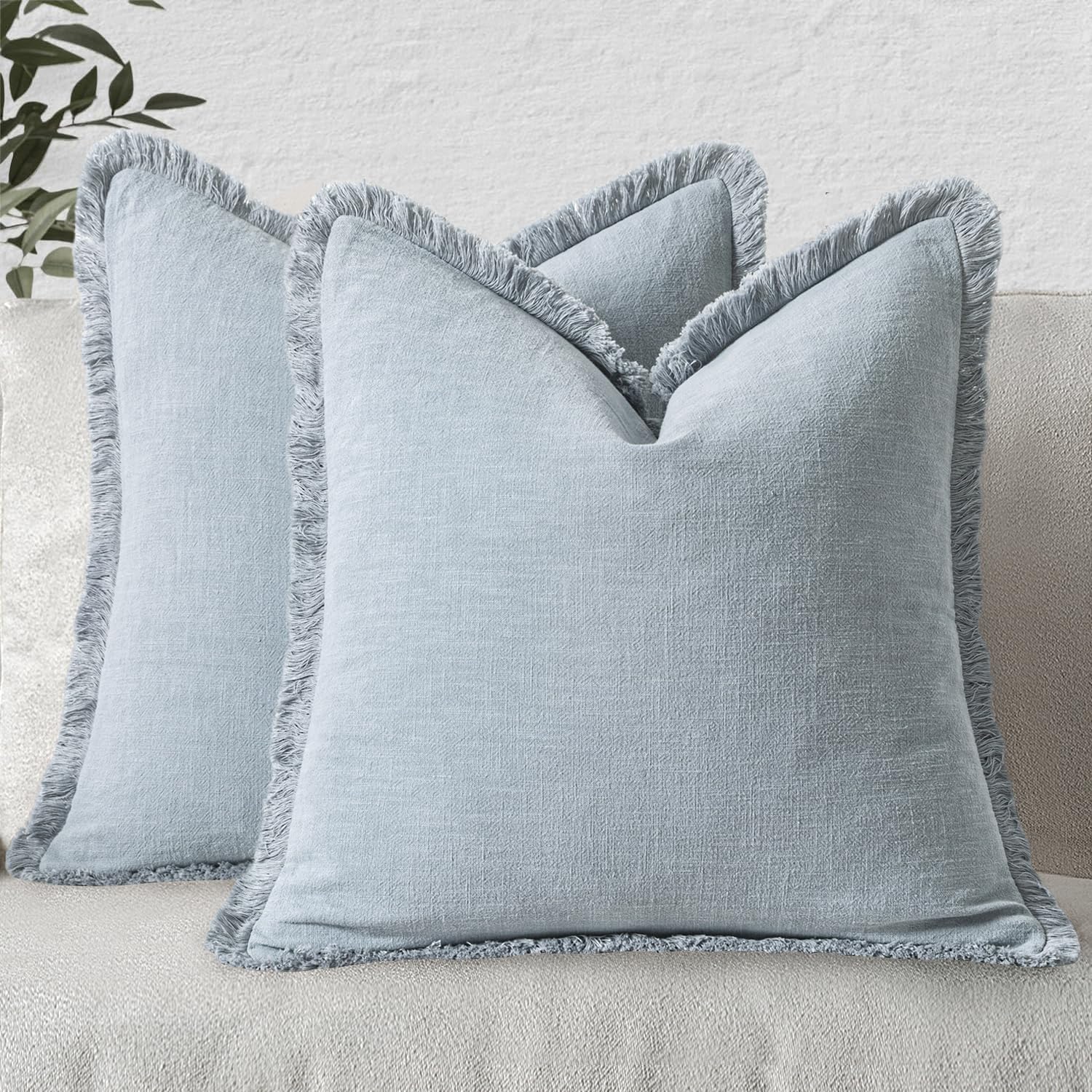 MIULEE Decorative Throw Pillow Covers Neutral Linen Fringe Throw Pillows Set of 2 Olive Green Boho Farmhouse Cushion Covers with Tassels for Couch Sofa Bed Living Room Spring Home Decor 20x20 Inch