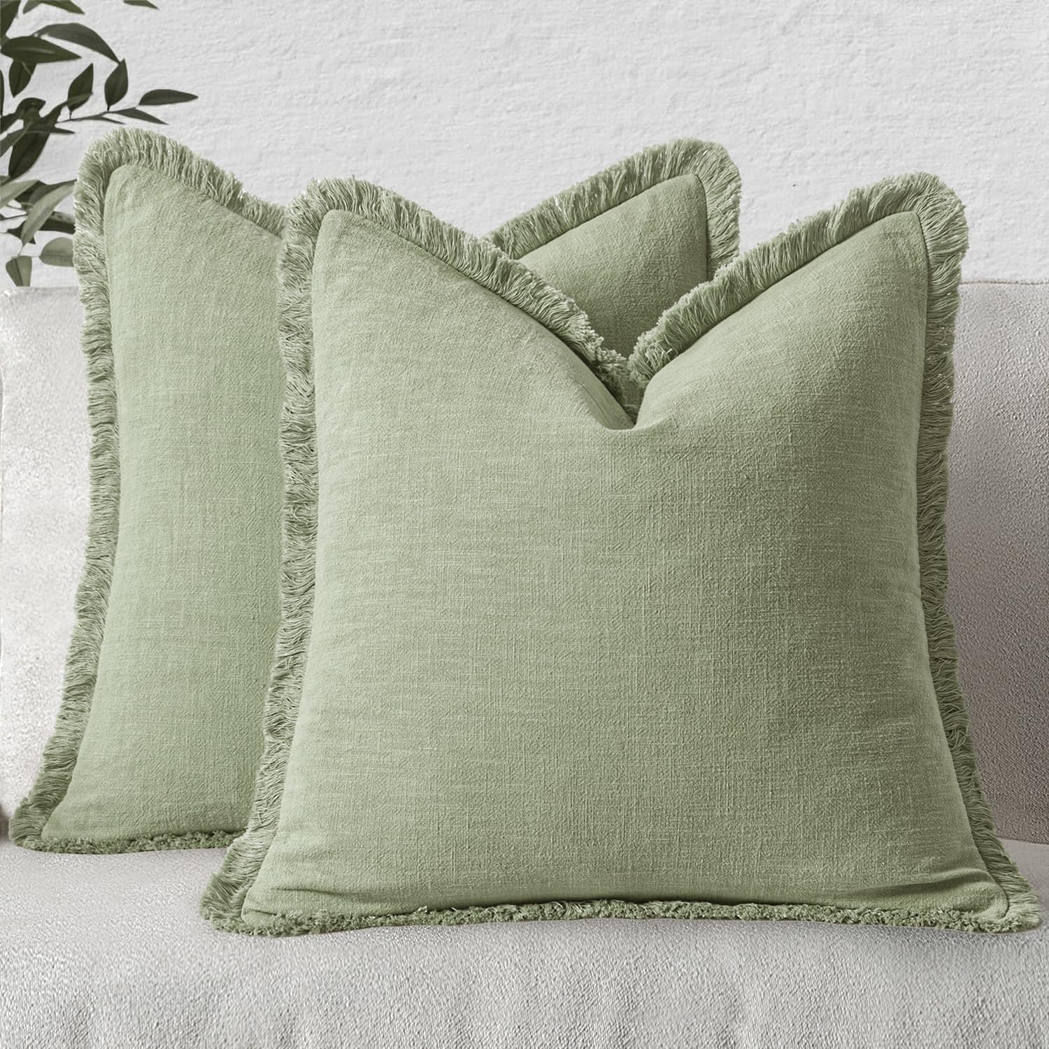 MIULEE Decorative Throw Pillow Covers Neutral Linen Fringe Throw Pillows Set of 2 Olive Green Boho Farmhouse Cushion Covers with Tassels for Couch Sofa Bed Living Room Spring Home Decor 20x20 Inch