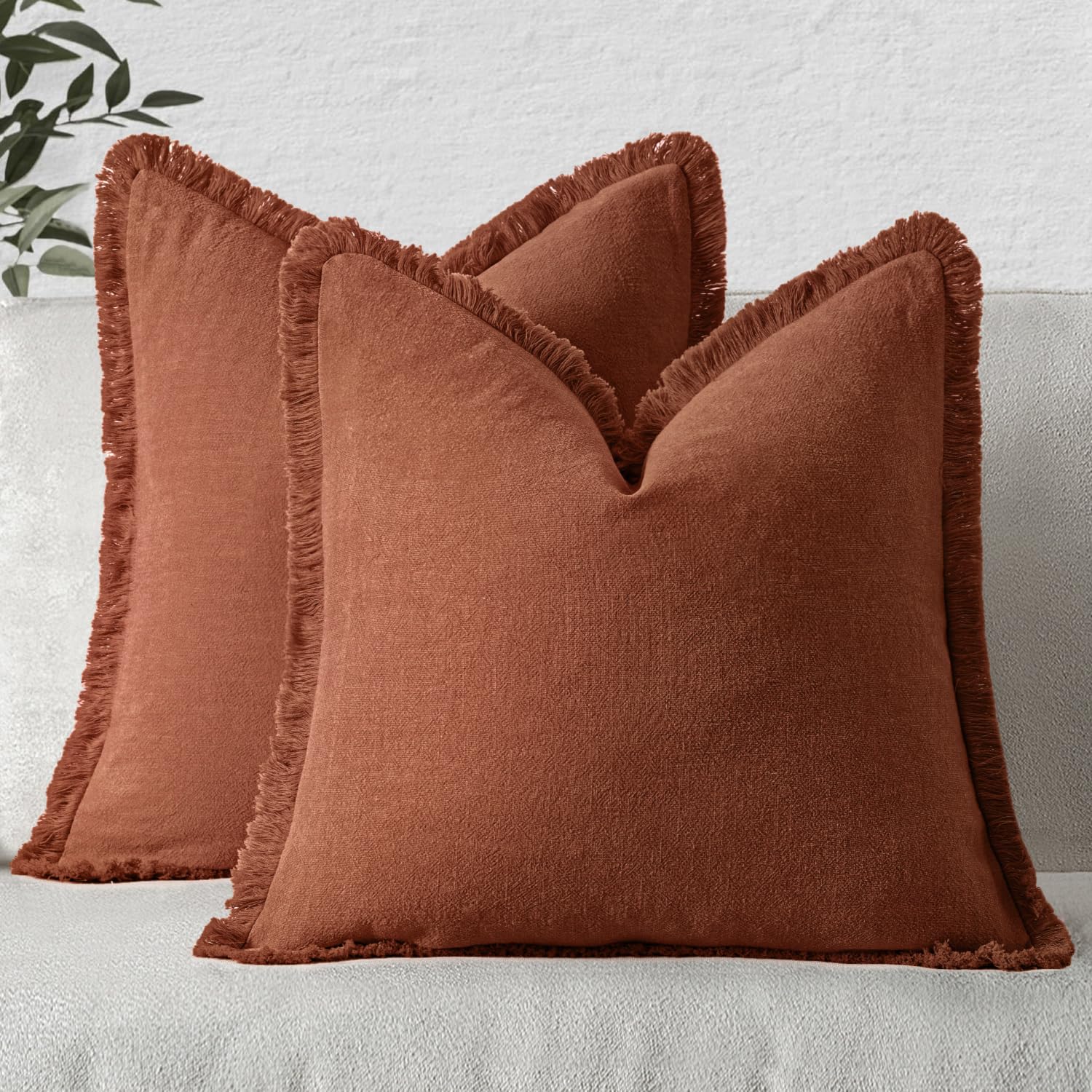 MIULEE Decorative Throw Pillow Covers Neutral Linen Fringe Throw Pillows Set of 2 Olive Green Boho Farmhouse Cushion Covers with Tassels for Couch Sofa Bed Living Room Spring Home Decor 20x20 Inch