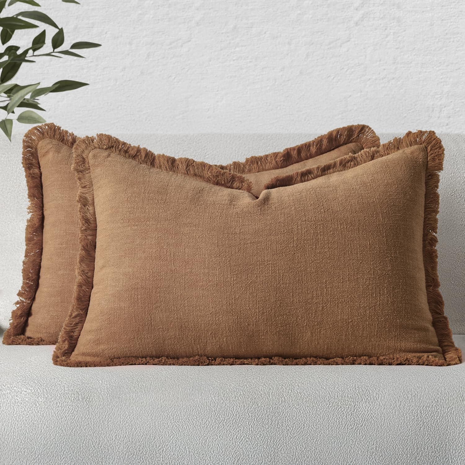 MIULEE Decorative Throw Pillow Covers Neutral Linen Fringe Throw Pillows Set of 2 Olive Green Boho Farmhouse Cushion Covers with Tassels for Couch Sofa Bed Living Room Spring Home Decor 20x20 Inch