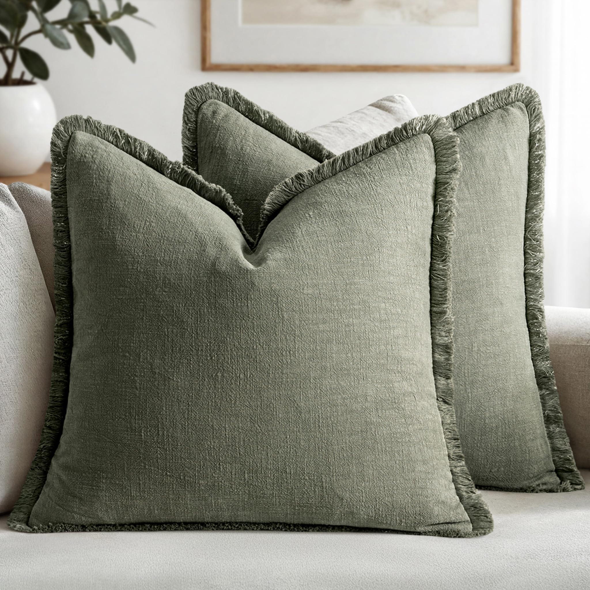 MIULEE Decorative Throw Pillow Covers Neutral Linen Fringe Throw Pillows Set of 2 Olive Green Boho Farmhouse Cushion Covers with Tassels for Couch Sofa Bed Living Room Spring Home Decor 20x20 Inch